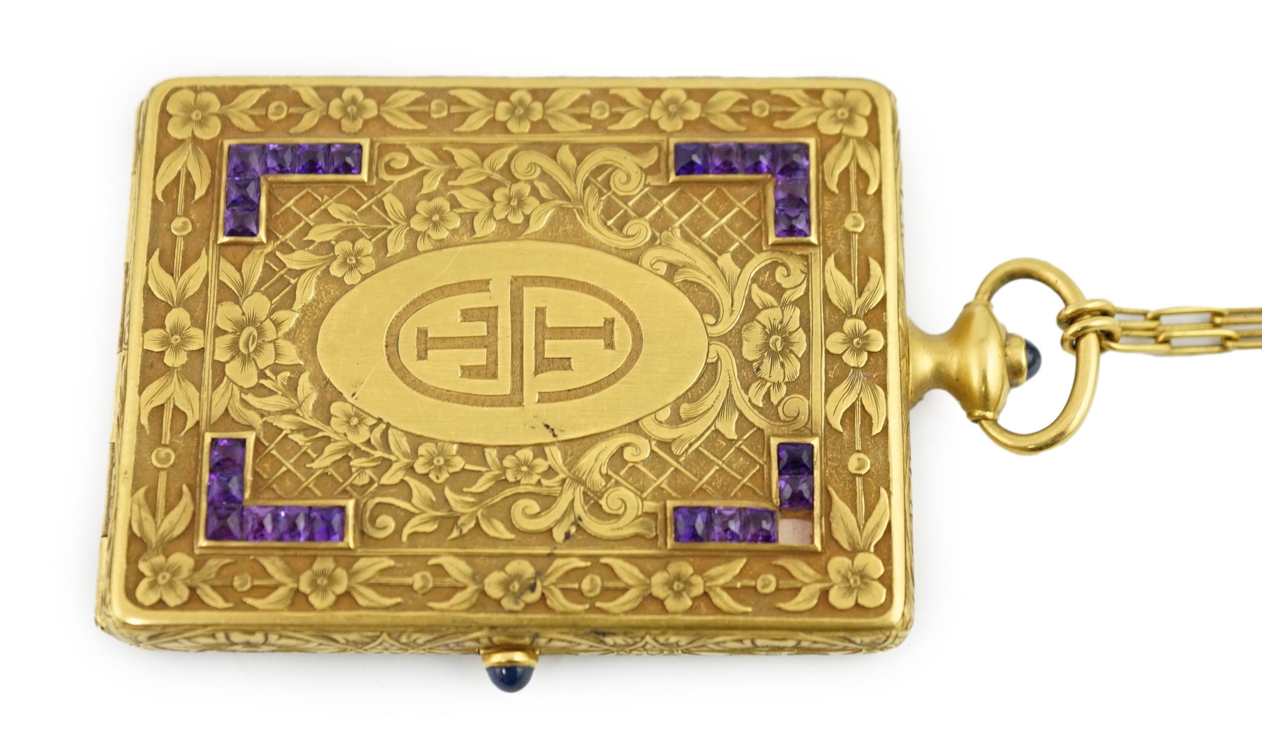 An early to mid 20th century continental gold and amethyst cluster set compact